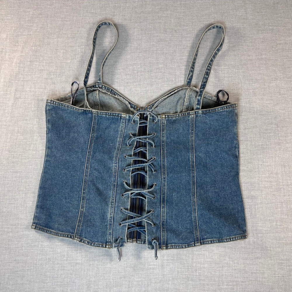 Vintage Y2K Harley Davidson Womens Denim Corset Top Zip Front Lace Up Back Large - Picture 2 of 10